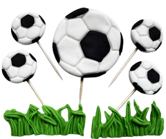 Set calcio da 7 decorazioni commestibili in pasta di zucchero per torte – 2–6 cm