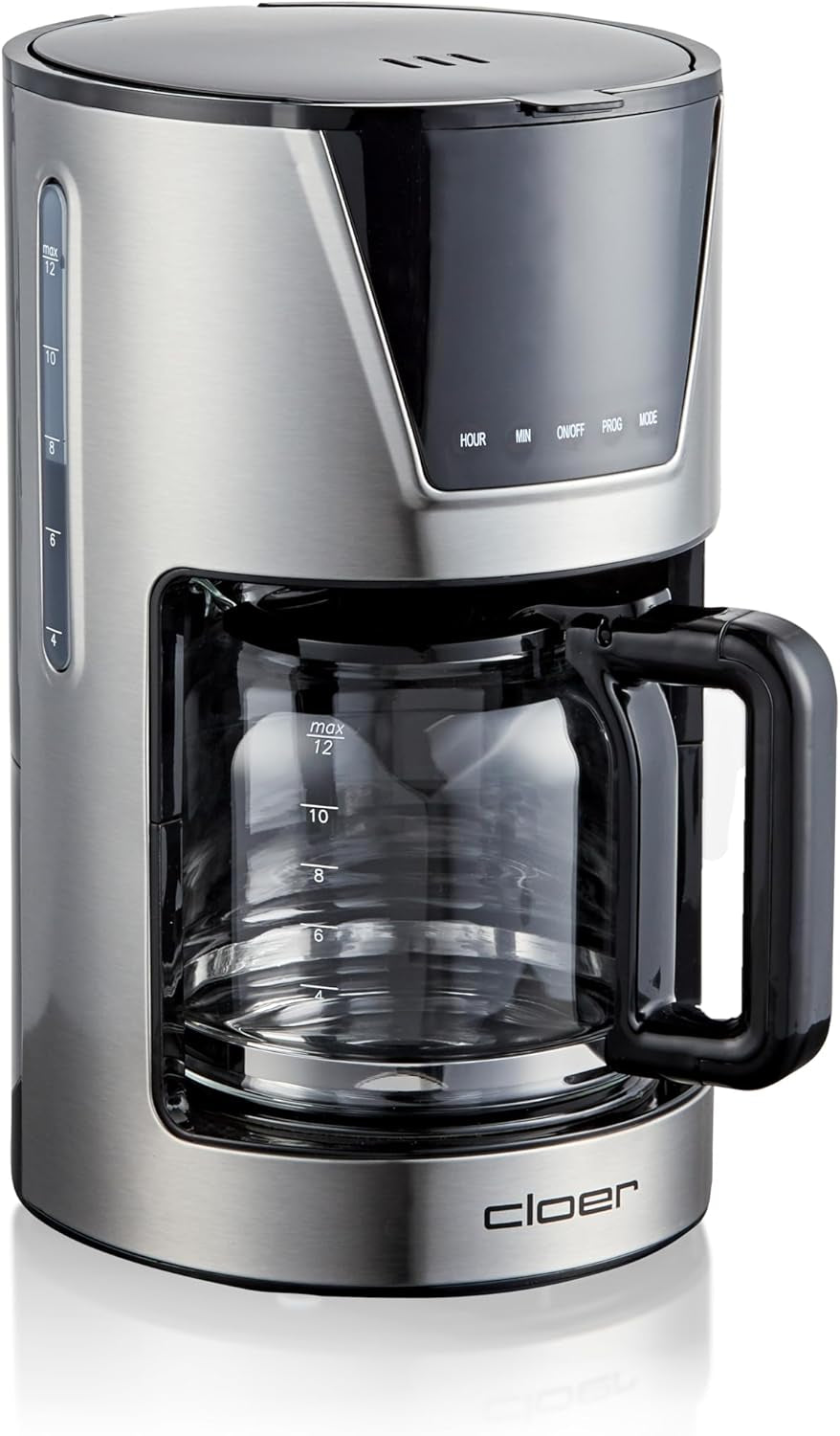 Espressor cu filtru Cloer pentru 6 cești, funcție delicată de menținere la cald, carafă din sticlă, lingură de măsurat, indicator al nivelului apei, sistem anti-picurare, oprire automată, dimensiune filtru 1x2, 550 W, oțel inoxidabil