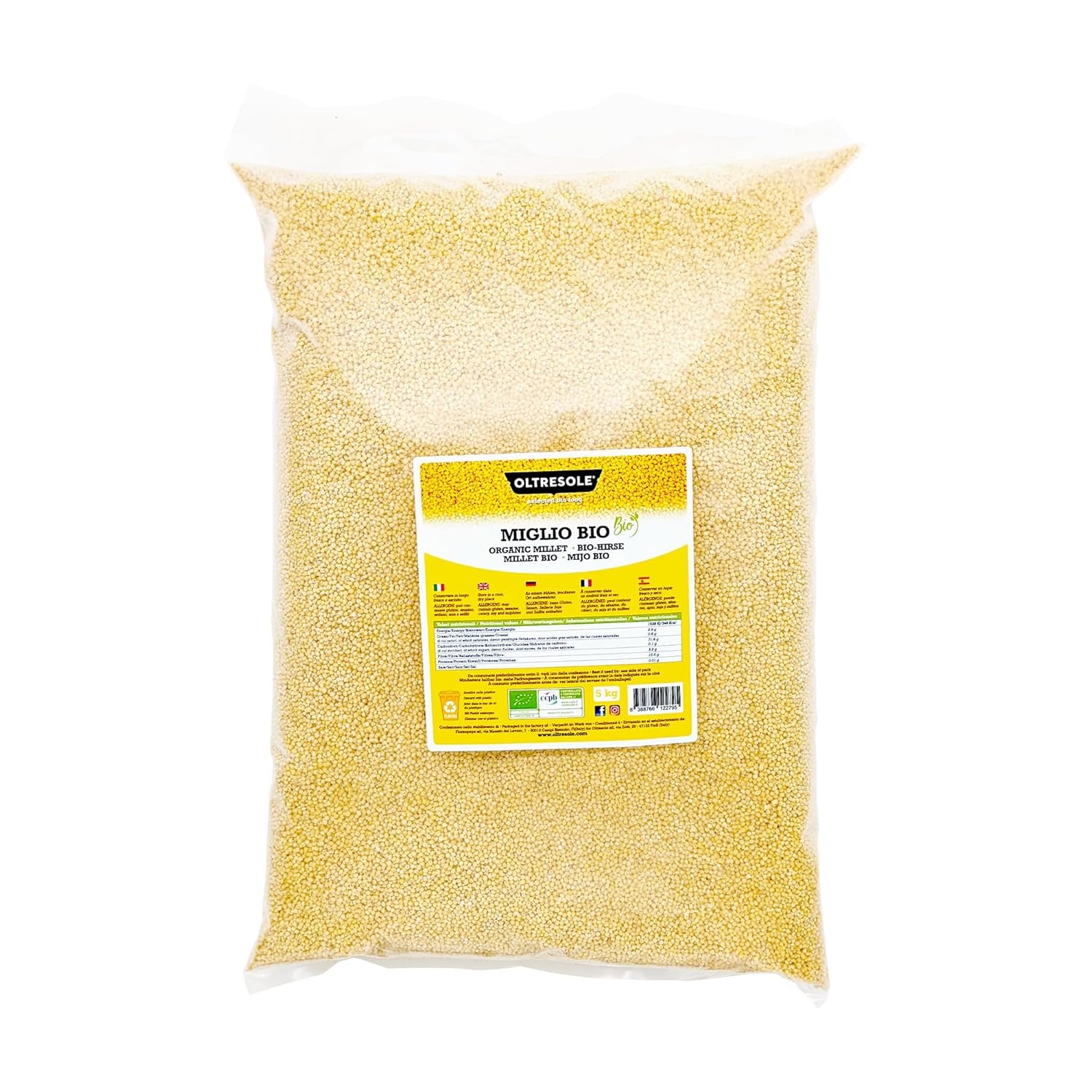 Miglio biologico 1 kg, cereali biologici ricchi di fibre e minerali, chicchi di miglio giallo da consumo, confezione ideale per la famiglia