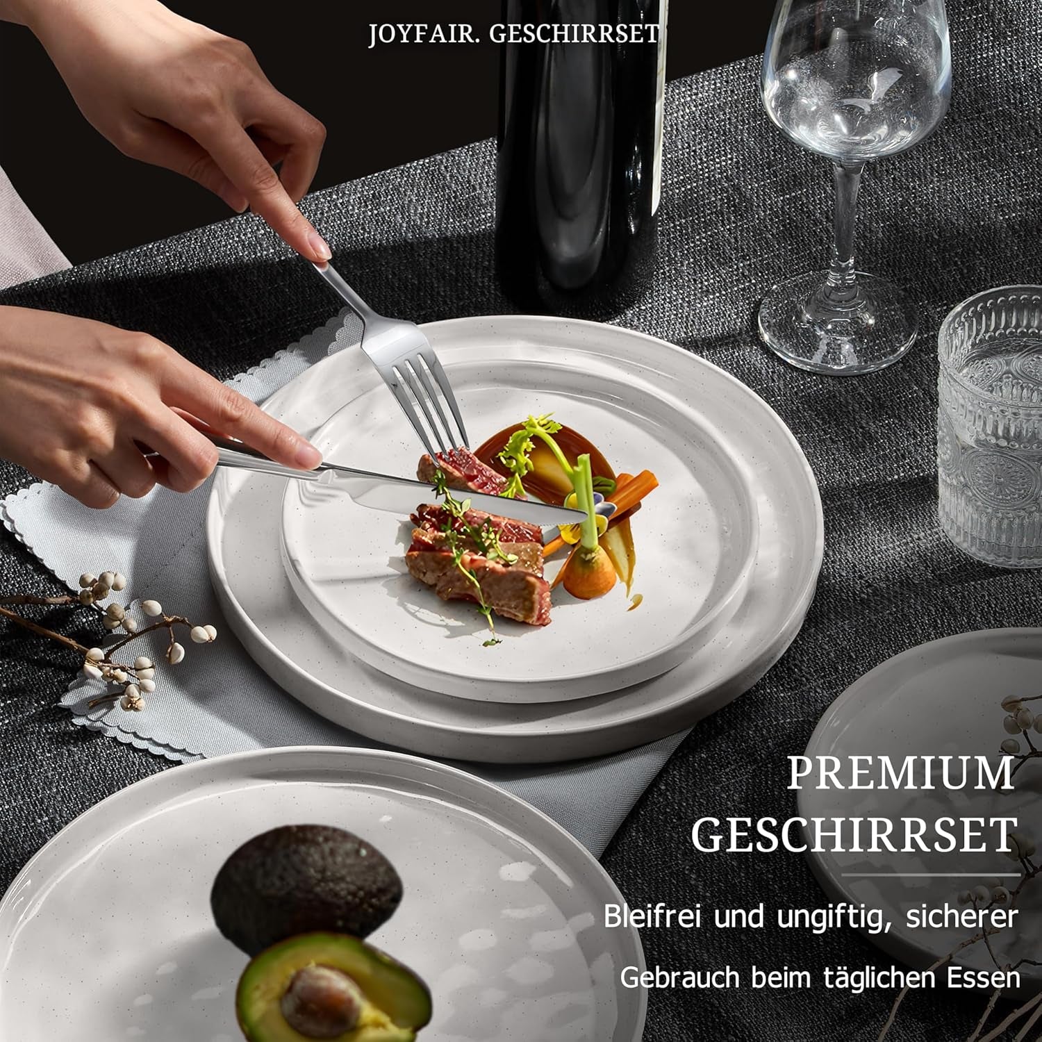 Set de veselă pentru 6 persoane, set de veselă din gresie cu 18 piese, set de farfurii glazurate cu glazură reactivă, farfurii de cină, farfurii de desert și boluri pentru cereale, potrivit pentru cuptorul cu microunde și mașina de spălat vase, alb pătat