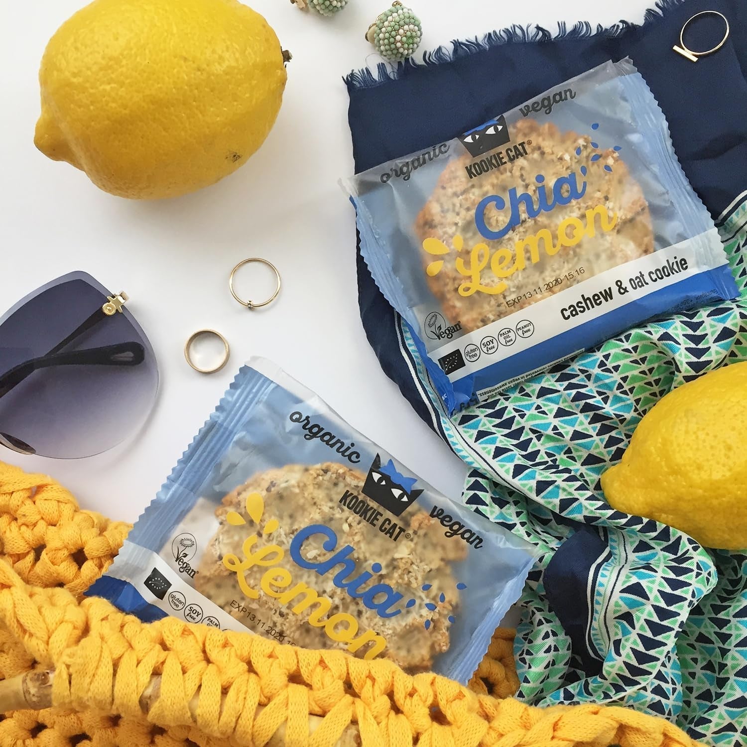 Chia și Lămâie - Fursecuri Vegane Ambalate Individual, Fără Gluten, Fără Soia, Organice, Caju și Ovăz - Pachet Multiplu de 12 x 50g