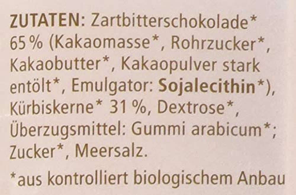 Landgarten Semi di zucca biologici al cioccolato fondente - Snack vegano al cioccolato con semi di zucca tostati - Fonte di magnesio - 1 x 50 g
