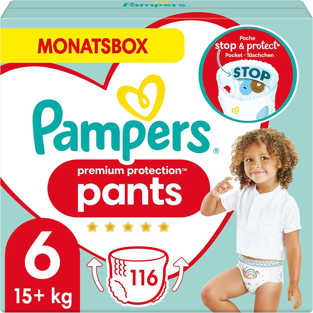 Pantaloni di protezione Premium Pampers taglia 7, 123 pannolini, 15 kg+, con regolazione a 360° e polsini morbidi anti-perdite per comfort e protezione ottimali