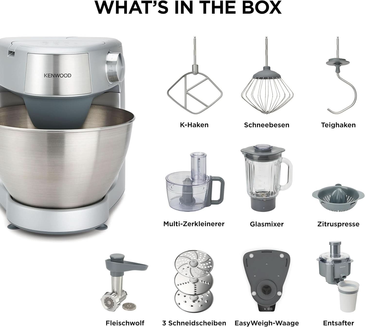Kenwood Prospero+ KHC29A.R0SI Macchina da cucina, 4,3 L Edelstahlschüssel, Inkl. 10-Teiligem Zubehör-Set Mit Fleischwolf, Glas-Mixer, Zitruspresse, Entsafter Und Mehr, Inkl. Prezzo Easyweigh, 1000 W, Silber Mother and Child Naty Shop