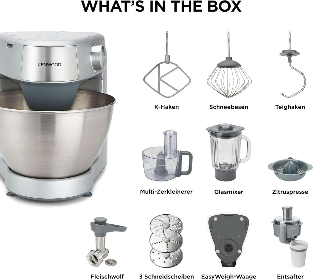 Kenwood Prospero+ KHC29A.R0SI Macchina da cucina, 4,3 L Edelstahlschüssel, Inkl. 10-Teiligem Zubehör-Set Mit Fleischwolf, Glas-Mixer, Zitruspresse, Entsafter Und Mehr, Inkl. Prezzo Easyweigh, 1000 W, Silber Mother and Child Naty Shop