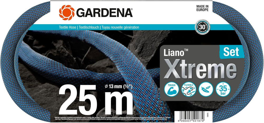 Set Gardena Liano Xtreme 1/2 inch, 25 m: Furtun de grădină extrem de robust din material textil, cu furtun interior din PVC, ușor, rezistent la intemperii (18475-20)