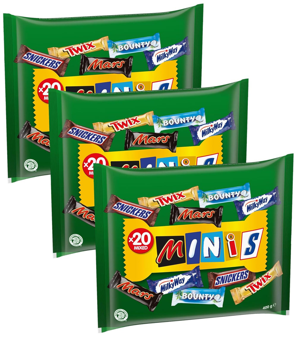 Confezione sfusa di mini cioccolato misto, 20 mini snack al cioccolato (Mars, Snickers, Bounty, Twix, Milky Way), come caramelle, regalo di cioccolato, scatola di caramelle, 400 g
