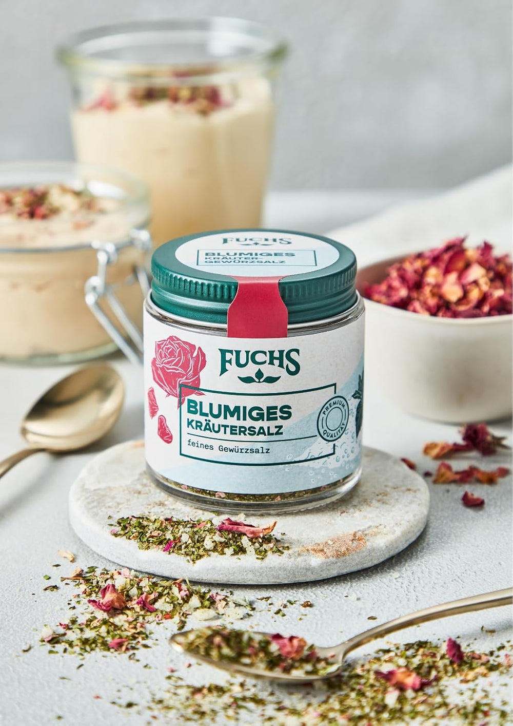 Fuchs Gewürze - Blumiges Kräutersalz | Gewürzsalz mit Rosenblütenblättern, Minze & Salz | Verfeinert Gemüse und Pasta-Gerichte | 45 g nel wiederverschließbaren Gewürzglas