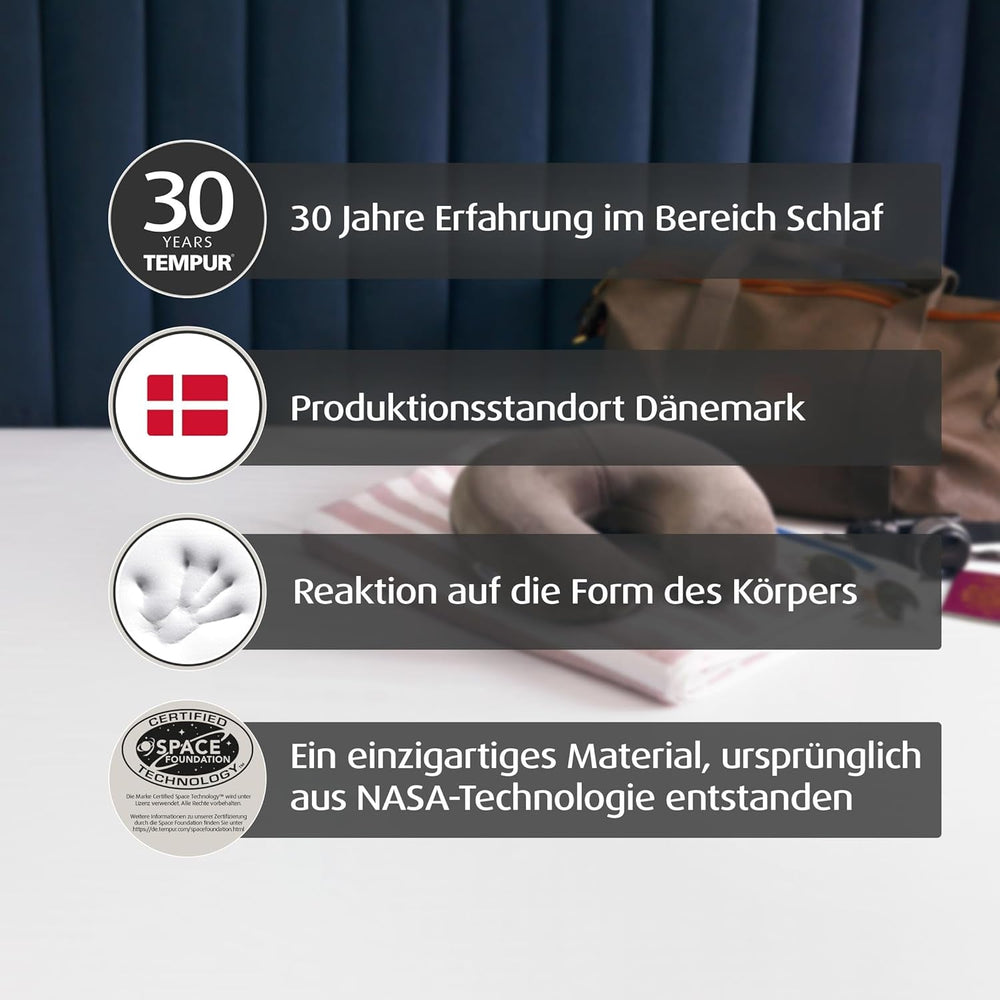 Pernă de călătorie TEMPUR Transit, material confortabil pentru perna de gât, vâscoelastică, ideală pentru călătorii cu autobuzul, trenul, mașina sau avionul, 30 x 28 x 8 cm