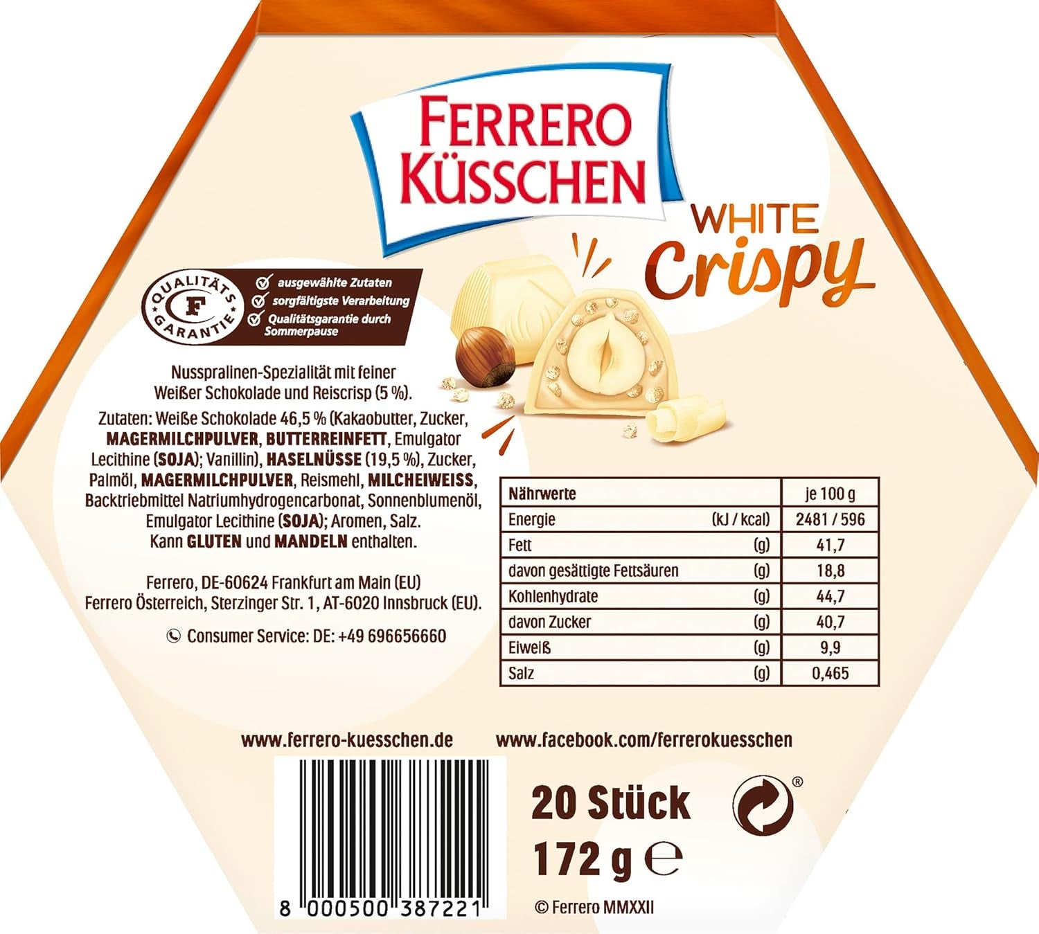 Ferrero Küsschen White Crispy - Regalo di San Valentino per lui e per lei - Nocciole tostate croccanti in crema leggera con scaglie croccanti, ricoperte di cioccolato bianco, 1 confezione da 20 praline individuali