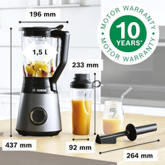 Robot da cucina Bosch Vitapower Serie 4 MMB6174SN, Verbesserte Version, Hochwertige Edelstahl-Klingen, 1.5L Glass Behälter, 0.6L To-Go-Flasche, Spülmaschinenfeste Teile, 30.000 U/Min, 1200 W, Argento Kitchen Naty Shop