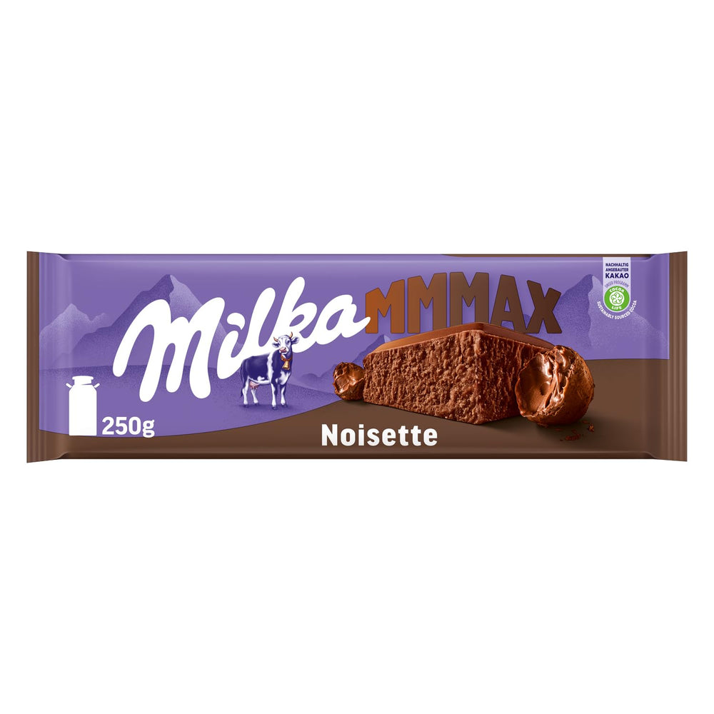 Milka MMMAX Noisette – Cioccolato al latte alpino con un delicato e cremoso ripieno alla nocciola – 250g
