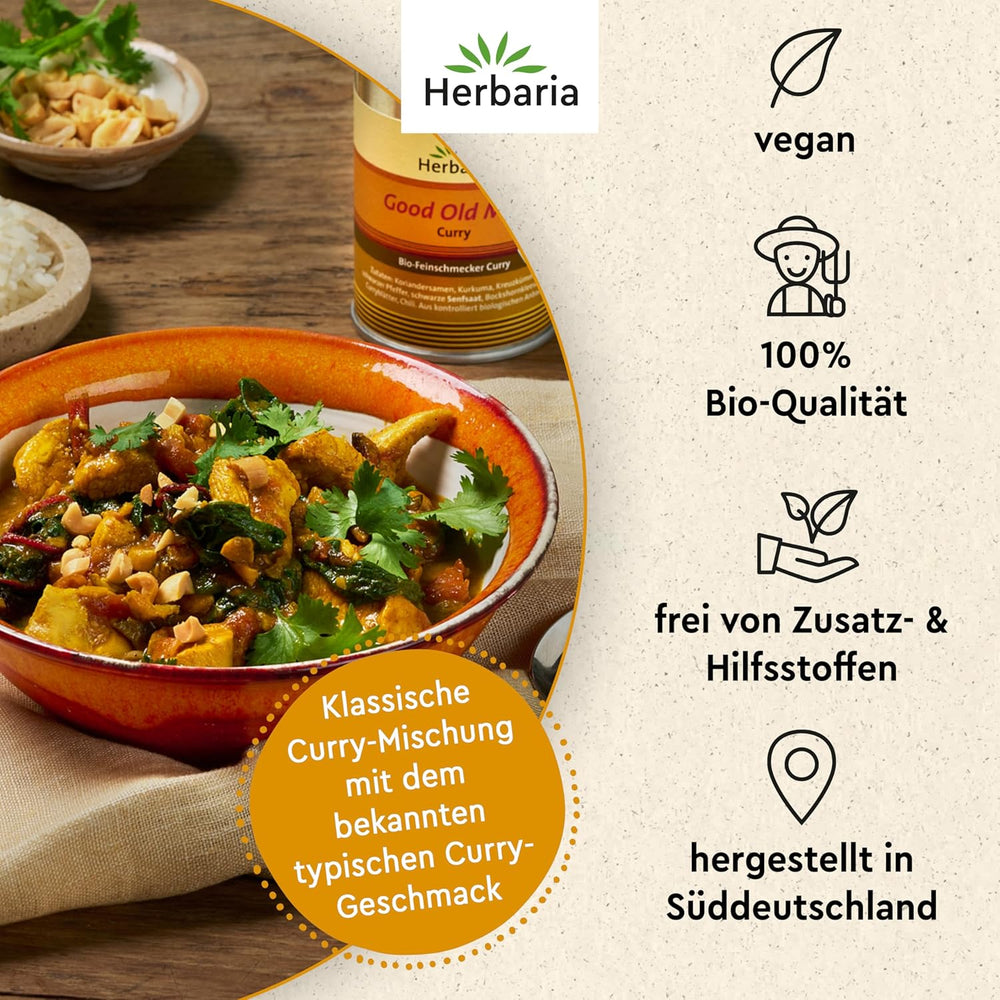 Herbaria Good Old Mild Curry bio 80g M-Dose – Currypulver, Currymischung - Bio-Gewürzmischung für klassische Curry-Spezialitäten z.B. Currywurst - ingrediente erlesenen in nachhaltiger Aromaschutz-Dose