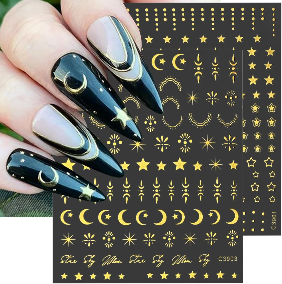 8 coli de autocolante pentru unghii cu stele și lună aurie, aripi de înger, autocolante pentru unghii bronzante, aurii, stele, folie de unghii, autocolante autoadezive pentru unghii, accesorii pentru design unghii, autocolante pentru unghii