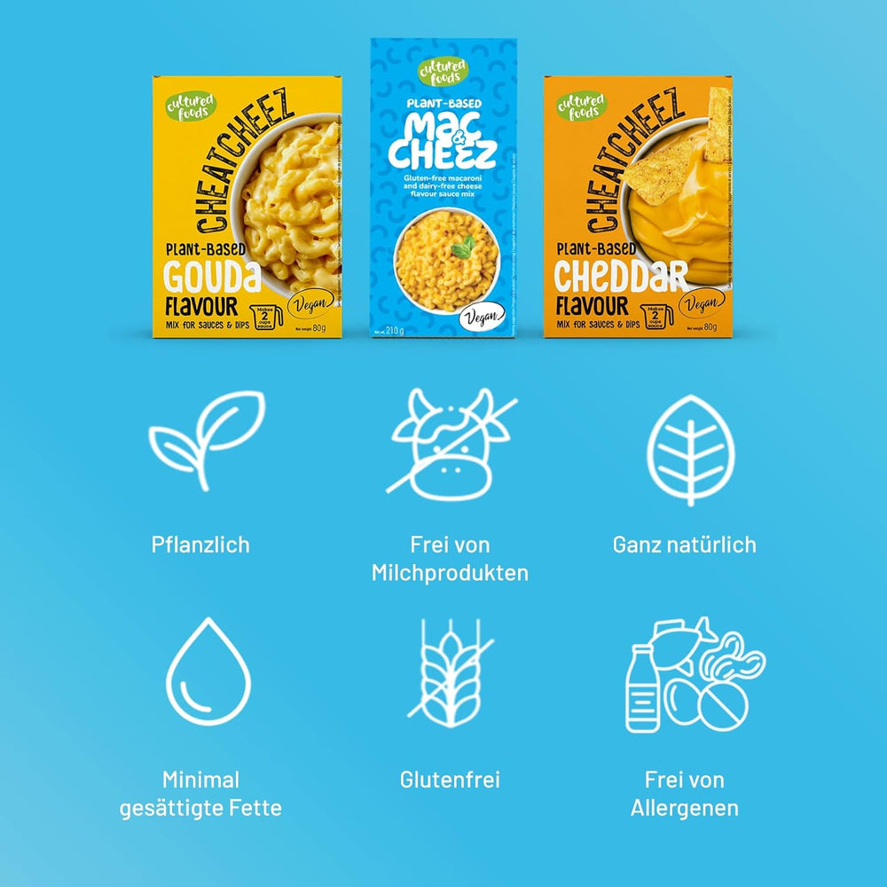 Cultured Foods Vegan 3-er Set Vegan Mac e formaggio, salsa Gouda, salsa Cheddar, Laktosefrei Glutenfrei MAC & CHEEZ CHEATCHEEZ