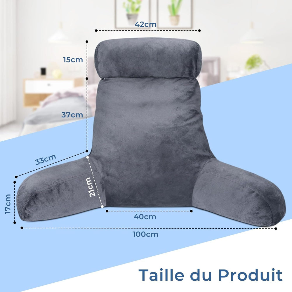 Pernă ergonomică pentru citit INFANZIA cu cotiere, suport pentru spate, mare, gri