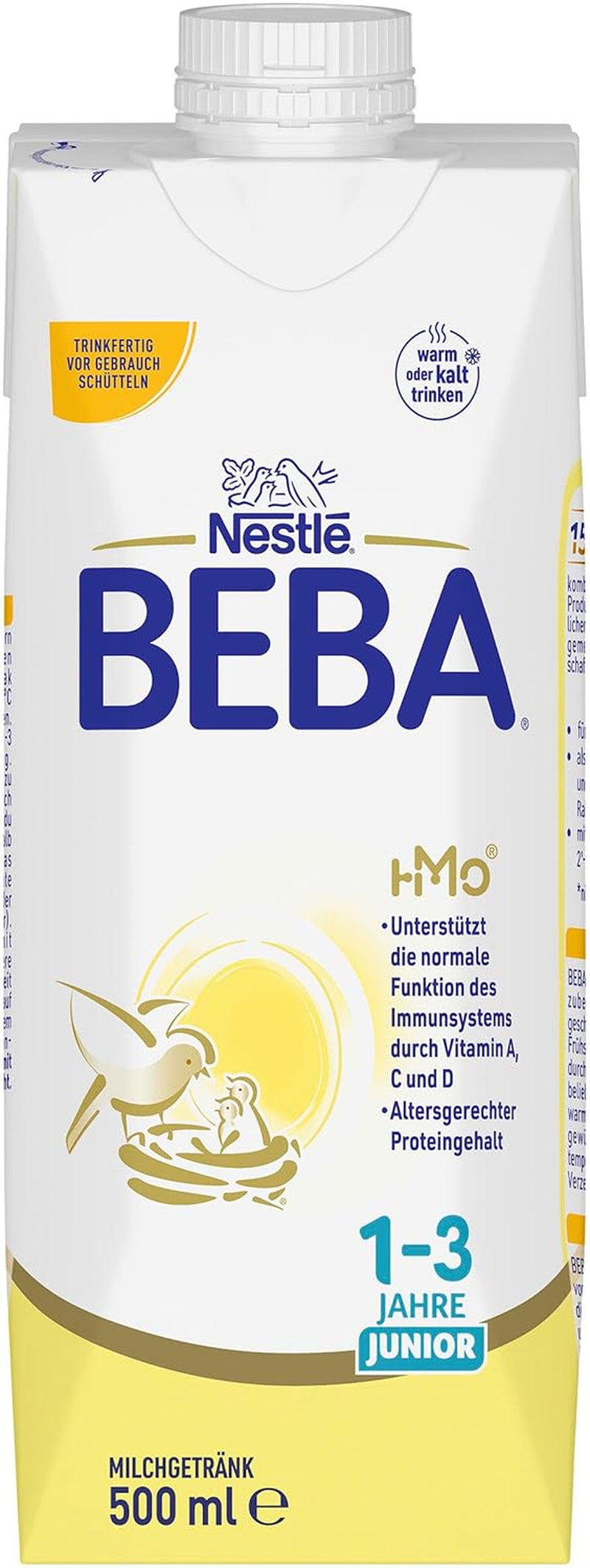 BEBA Junior, bevanda a base di latte pronta da bere per 1-3 anni, con HMO, contenuto proteico adeguato all'età, senza olio di palma, senza olio di pesce, alimenti per bambini, confezione da 12 (12 x 500 ml)