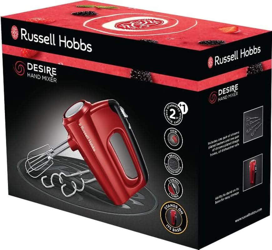 Russell Hobbs Miscelatore manuale [Handrührgerät] Desire Rot (5 Geschwindigkeitsstufen+Turbofunktion, 2 Spülmaschinengeeignete Rührbesen & Knethaken, Auswurftaste, Aufrechte Parkposition) Handrührer 24670-56 Kitchen Naty Shop