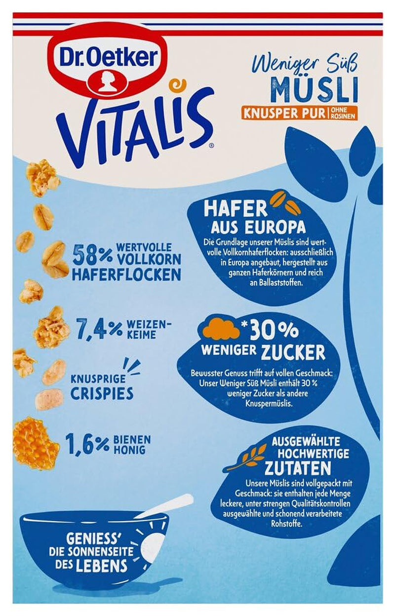 Dr. Oetker Vitalis Less Sweet Crunchy Pure: muesli croccante con il 30% di zucchero in meno, confezione da 5 (5 x 600 g)