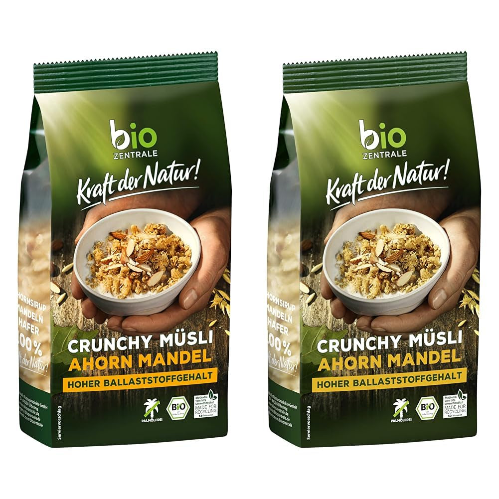 Muesli croccante alle mandorle e acero | 375 g Muesli Croccante Bio | Ideale per la colazione e una tazza di muesli da asporto | Vegano e senza olio di palma (confezione da 2)