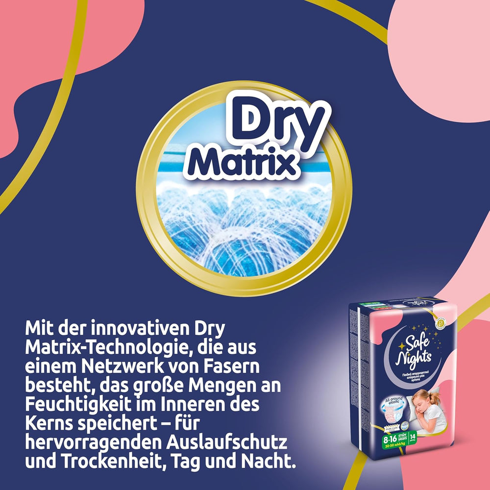 Safe Nights Girl, Indumenti da notte assorbenti per ragazze 8-16 anni (30-50 kg), confezione da 14