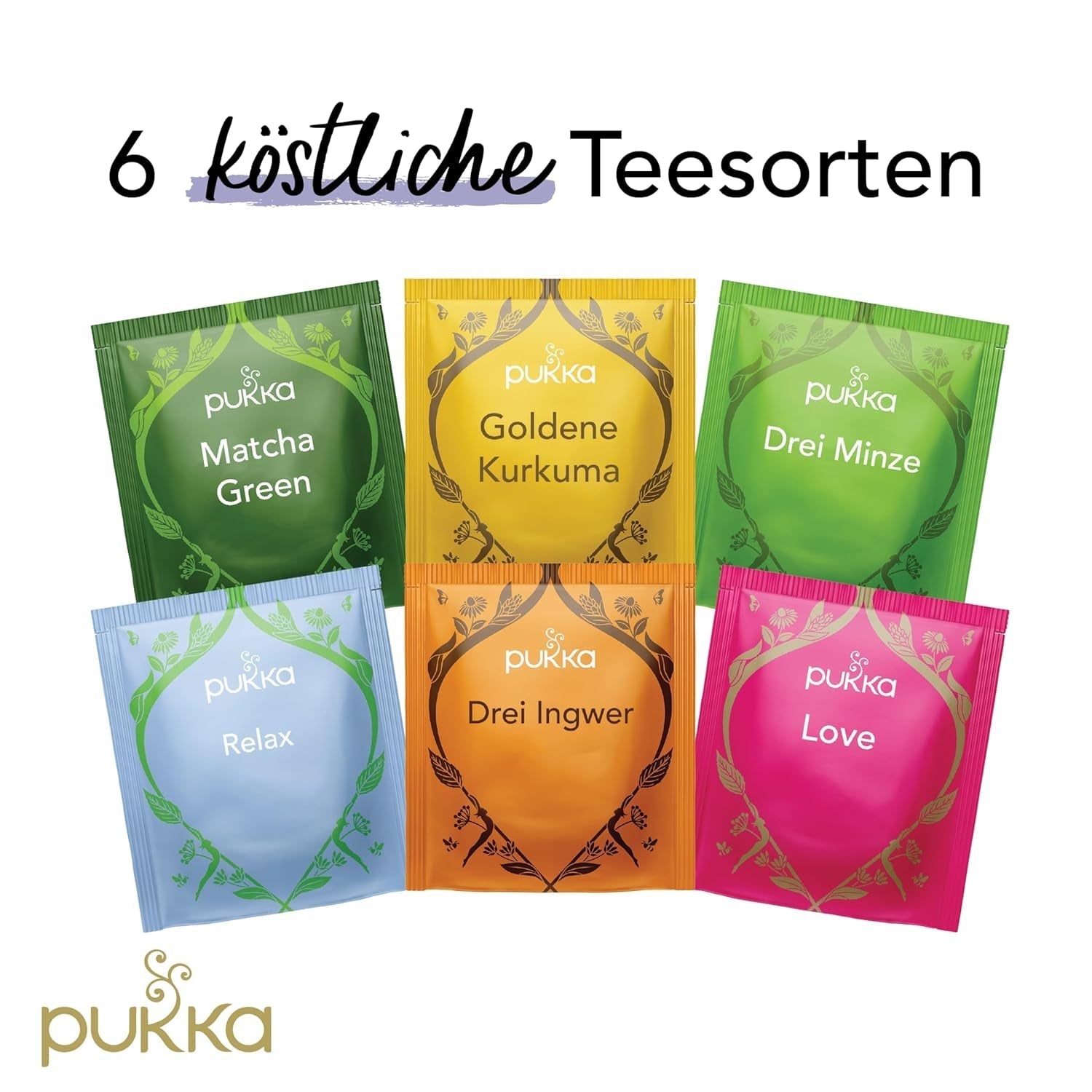 Set cadou ceai Pukka, cutie ceai organic Premium Selection „Wellness Von Früh Bis Spät”, matcha, curcuma, set ceai, idee cadou, 6 variante, 90 pliculețe de ceai