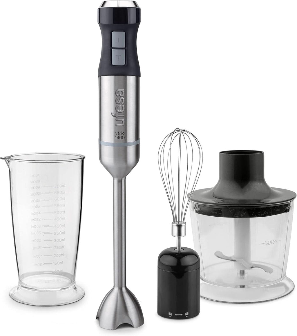 Ufesa Galaxy Max Stabmixer, Leistung 1200 W, 24 Geschwindigkeitsstufen + TURBO, 4 Hocheffiziente Klingen, Ergonomisches Und Spritzwassergeschütztes Design, Zubehör Inklusive, Bpa-Frei Roboti si Mixere Bucatarie Naty Shop 1400W