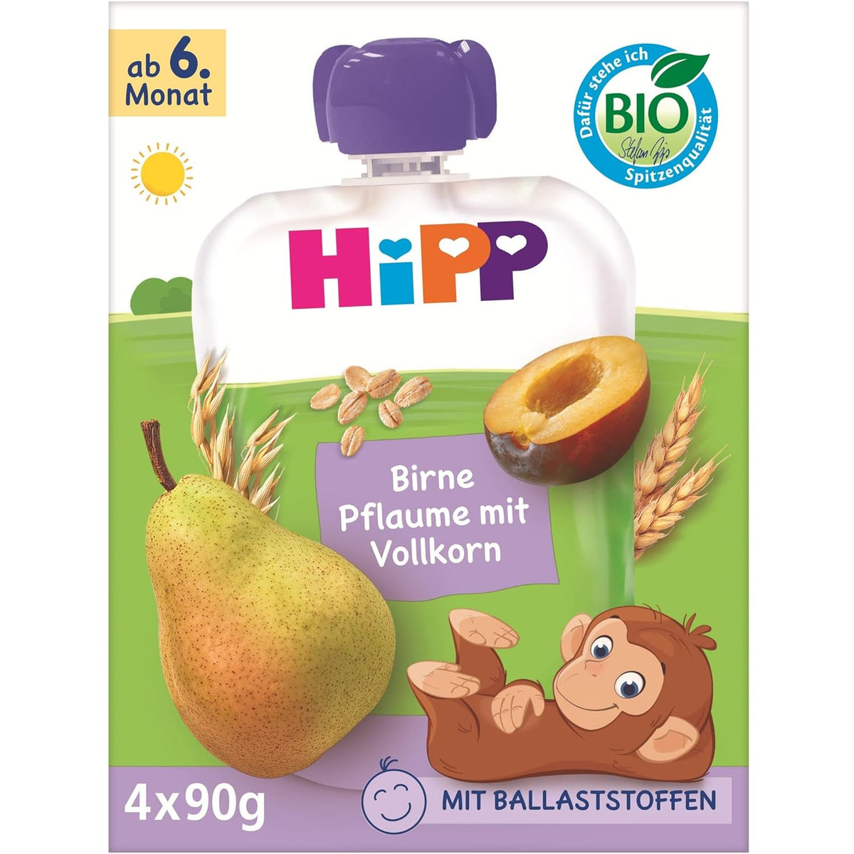 Bustine HiPP di pere e prugne biologiche, integrali, 16 pezzi (4 confezioni da 4 x 90 g ciascuna), per bambini dai 6 mesi, senza zuccheri aggiunti, vegano, migliore qualità biologica