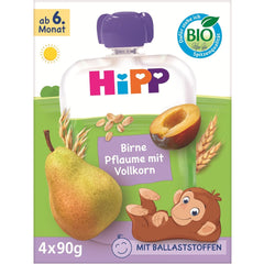 Bustine HiPP di pere e prugne biologiche, integrali, 16 pezzi (4 confezioni da 4 x 90 g ciascuna), per bambini dai 6 mesi, senza zuccheri aggiunti, vegano, migliore qualità biologica