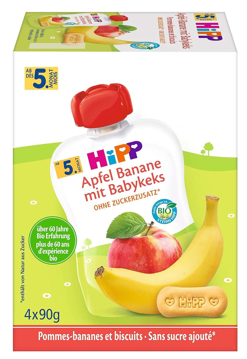 Buste Hipp per neonati, porridge di frutta, pesche mango in banana con avena, frutta 100% biologica senza zuccheri aggiunti, 4 x 4 buste da 90 g Mother and Child Naty Shop 4 x 4 buste da 90 g Banana con mele e biscotti per bambini