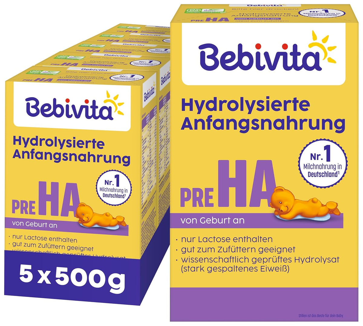 PRE HA (5 x 500 g), formula di latte in polvere idrolizzato dalla nascita, contiene solo lattosio come carboidrato, adatto per l'alimentazione supplementare