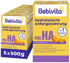 PRE HA (5 x 500 g), formula di latte in polvere idrolizzato dalla nascita, contiene solo lattosio come carboidrato, adatto per l'alimentazione supplementare