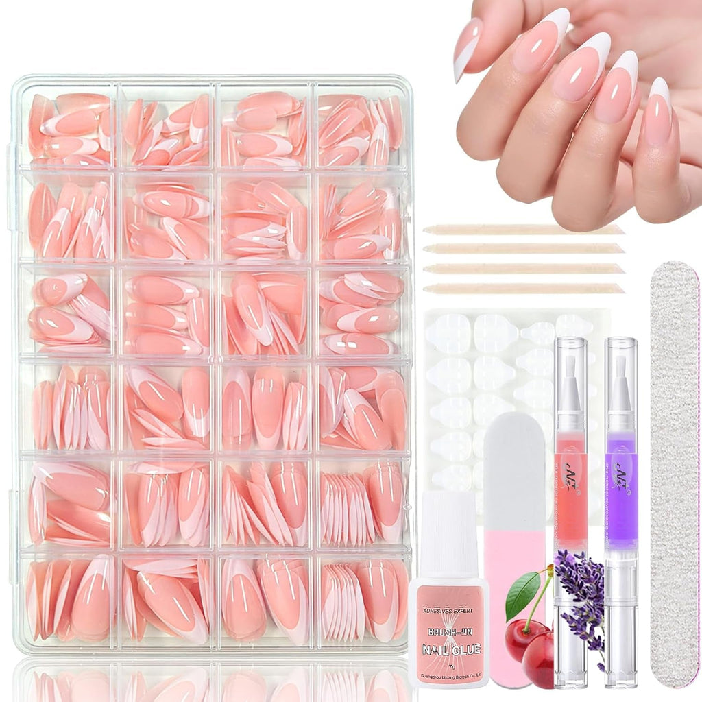 Set 360 de bucăți de unghii false cu balerină în gradient, unghii artificiale cu gradient roz și alb pentru lipire cu 2 bucăți de stilouri cu ulei pentru unghii, unghii false medii ombre pentru femei DIY