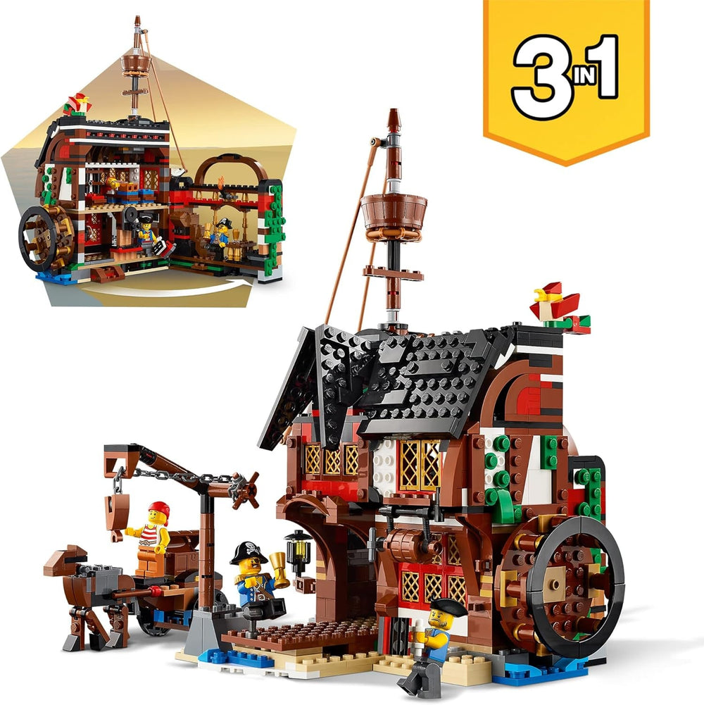 Set nave pirata 3-in-1 LEGO Creator, giocattolo con 3 opzioni di costruzione, costruisci una taverna dei pirati o un'isola dei pirati con teschi, include 3 minifigure di avventura di gioco di ruolo 31109 Set di costruzione Besuche den LEGO-Store