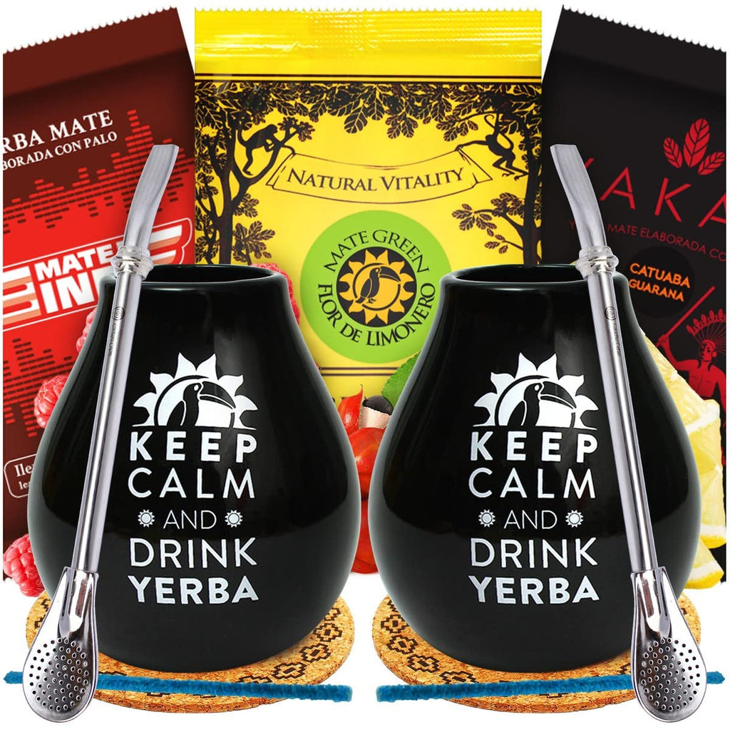 Set de ceai Yerba Mate pentru două persoane 150G | Ceai Mate cu guarana și fructe | Ceai Yerba Mate cu frunze libere | Ceașcă de ceramică Mate neagră 350 ml | Paie de oțel Bombilla Liza 19 cm