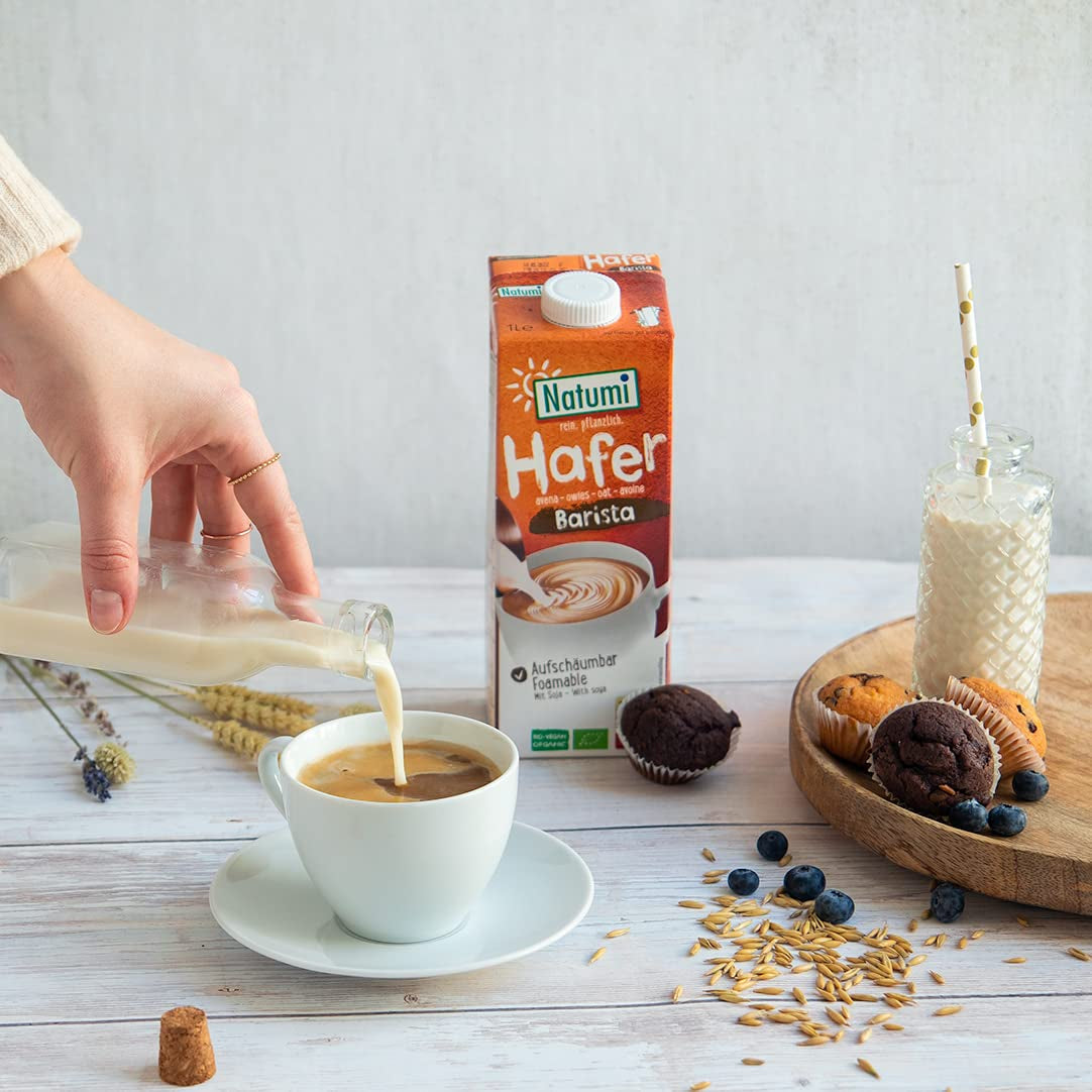 Natumi Bio Hafer Barista, 8 x 1L - Senza lattosio, Aufschäumbar, Barista-Style, Bio, Hergestellt mit deutschem Hafer, Vegan, Milchfreie milchfreie Alternative