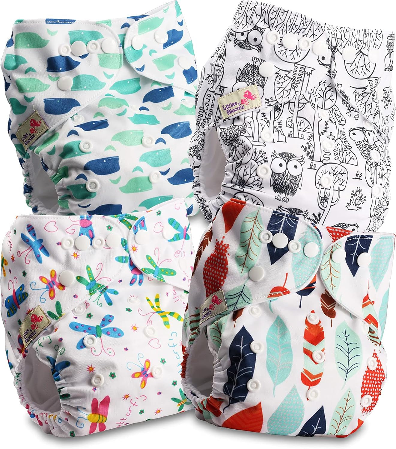 Littles and Bloomz FLP2-0406 Pannolino riutilizzabile con clip standard, 4 pannolini