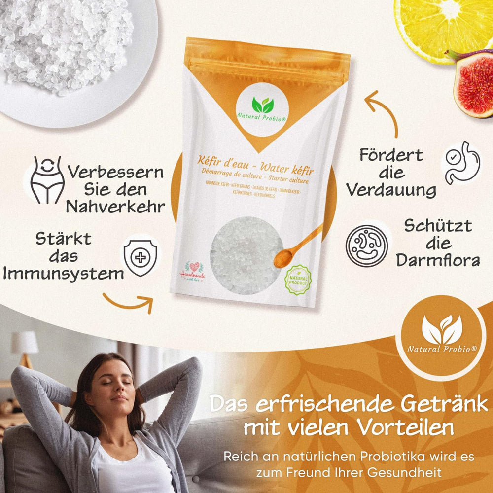 Natural Probio® Wasserkefir, Kefirpilz, Japankristalle, Kefirknollen, Starter Set + Anleitung, Rezept, Tipps, E-Book & Rezeptbibliothek + Kundenservice auf Lebenszeit (10g disidratato/60g reidratato)