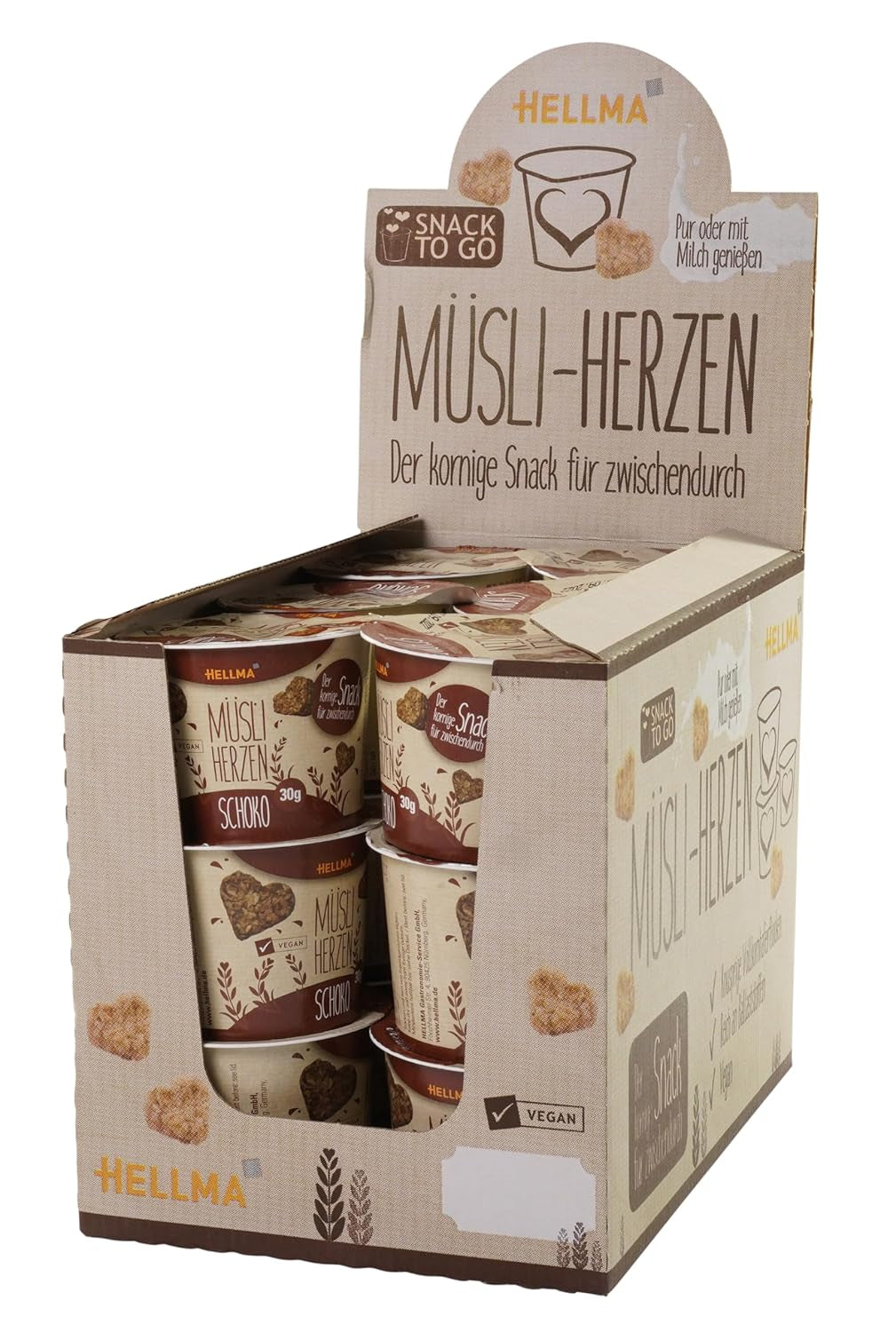 HELLMA Cuori con Muesli e Cioccolato - 18 porzioni da 30 g cadauna - Fiocchi d'avena ricoperti di cioccolato a forma di cuore, bicchieri da asporto