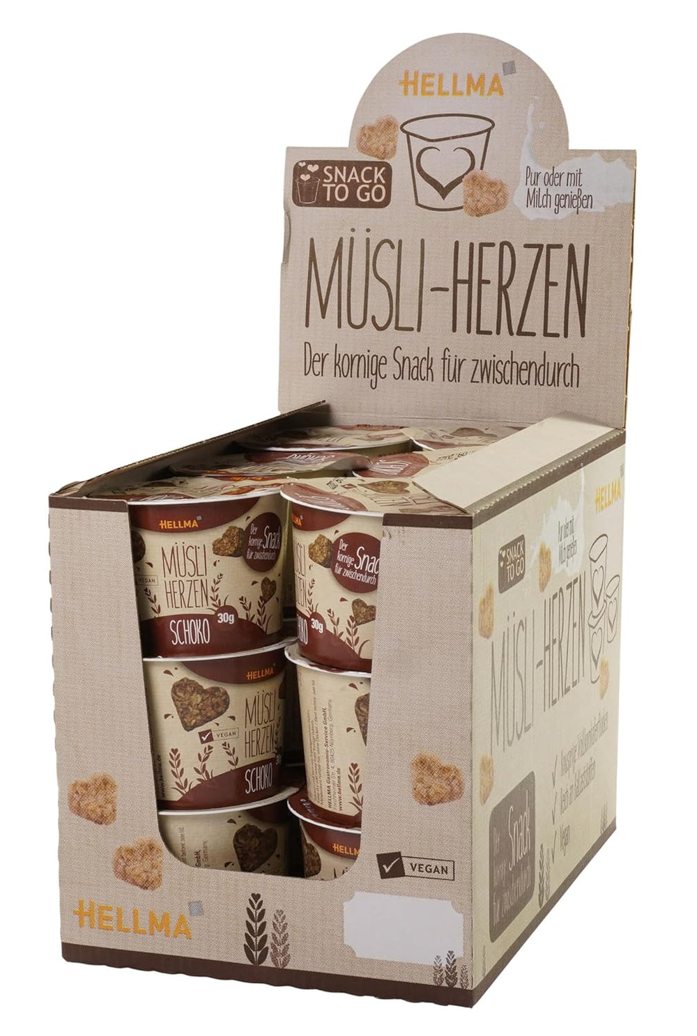 HELLMA Cuori con Muesli e Cioccolato - 18 porzioni da 30 g cadauna - Fiocchi d'avena ricoperti di cioccolato a forma di cuore, bicchieri da asporto
