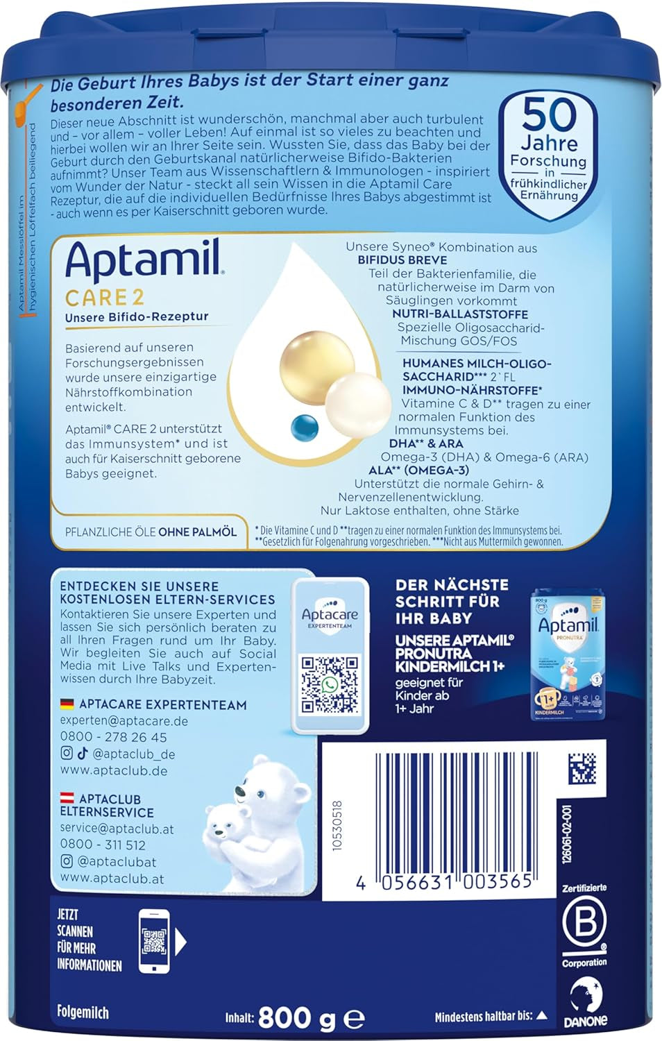 Aptamil Care 2 – Adatto anche per bambini nati con taglio cesareo – 1 x 800 g