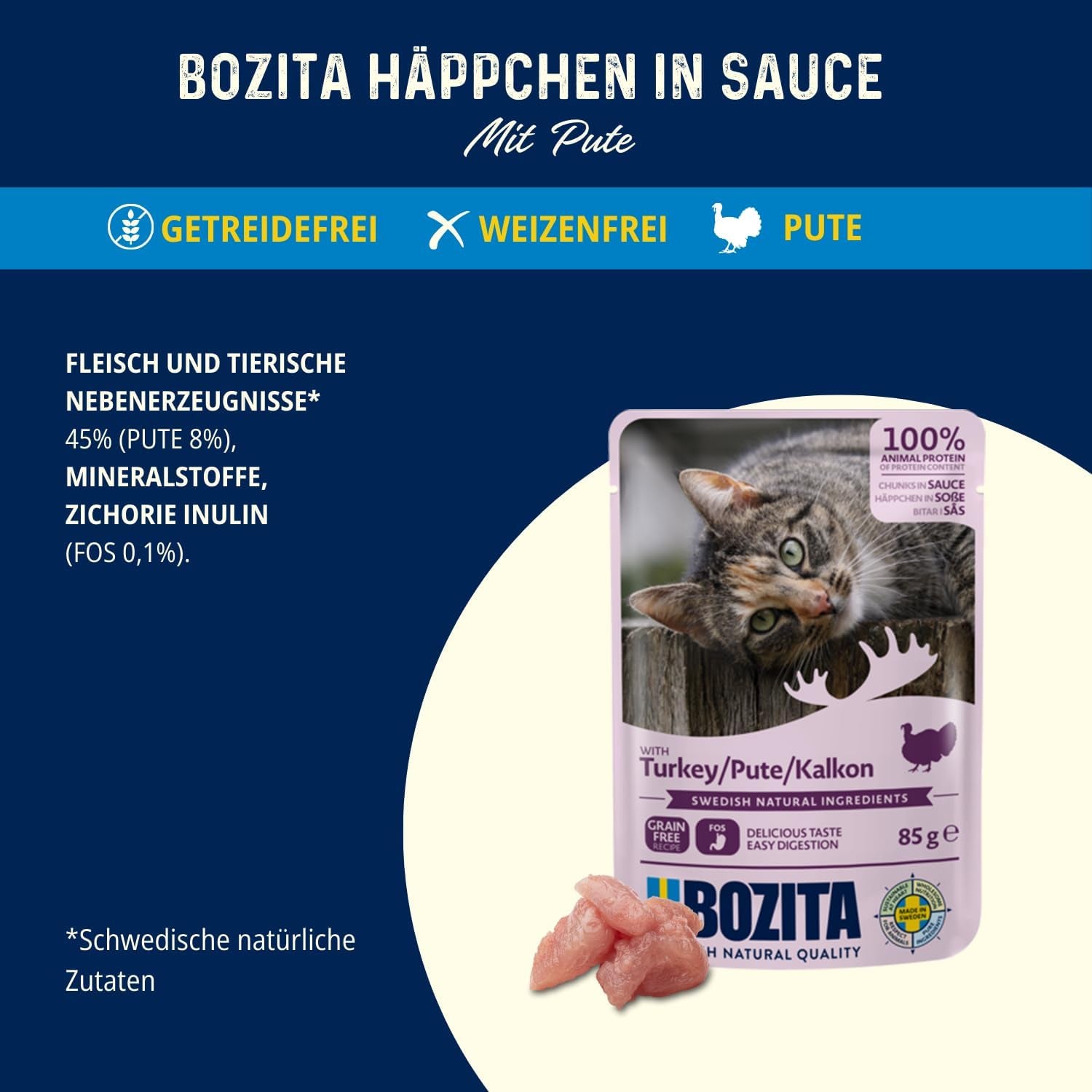 Bozita Pouch Hrană Umedă cu Bucăți în Sos și Curcan - 12 Pliculețe Porționate x 85g Hrană Fără Cereale și Fără Grâu pentru Pisici - Hrană Umedă pentru Pisici Adulte cu 8,5% Proteine și 4,5% Grăsimi