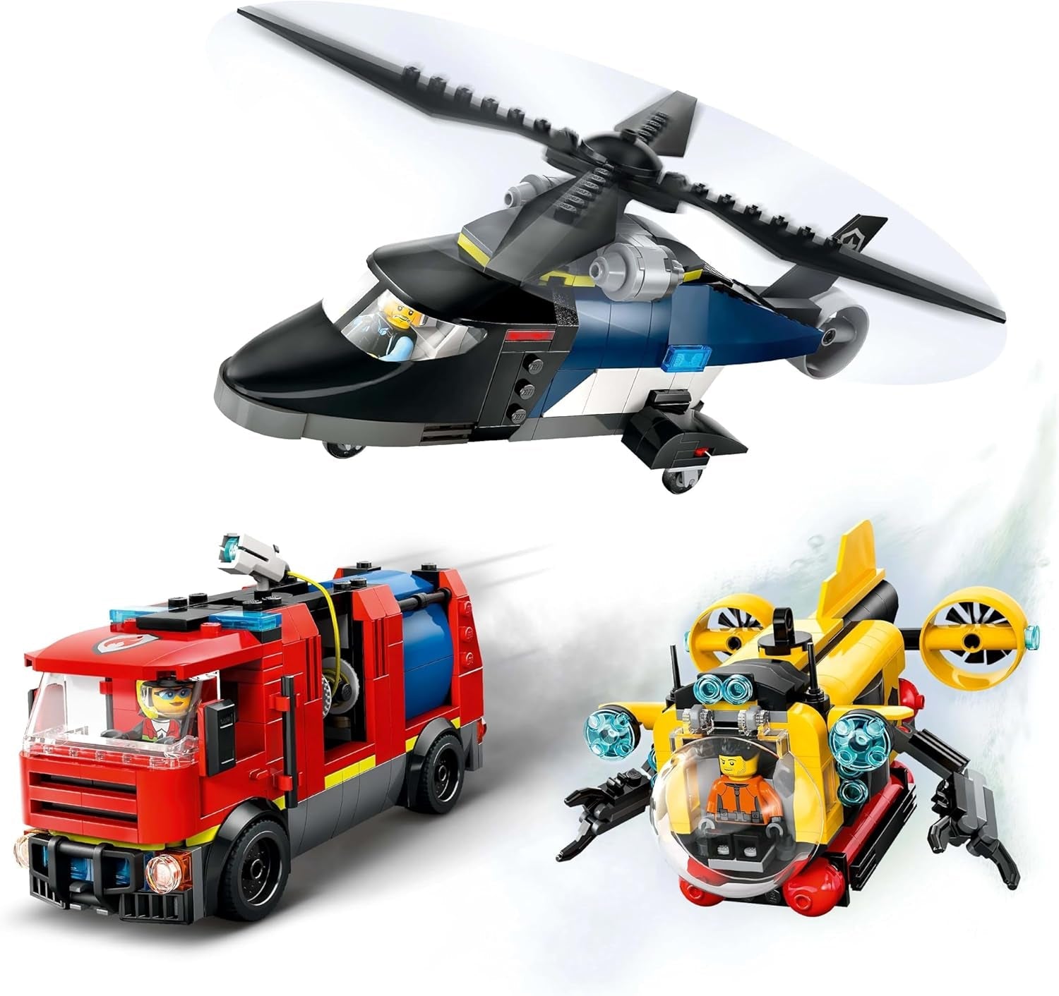 Set combinato LEGO City con elicottero, auto dei leoni e sottomarino e 3 minifigure - Veicoli giocattolo costruibili per ragazzi e ragazze a partire da 7 anni - Regalo di compleanno e vacanze 60462 Set di costruzione Besuche den LEGO-Store
