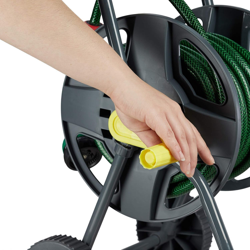 Cărucior furtun Relaxdays 45m, rolă mobilă pentru furtun de grădină și balcon, cu ghidaj pentru furtun, 76,5x44x41 cm, gri-galben