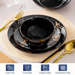 Set de veselă din porțelan LOVECASA, seria Daphne, set combinat SWEET cu 24 de piese, set de veselă cu design auriu, farfurii de cină, farfurii de desert, boluri pentru cereale și farfurii de sumă pentru 6 persoane