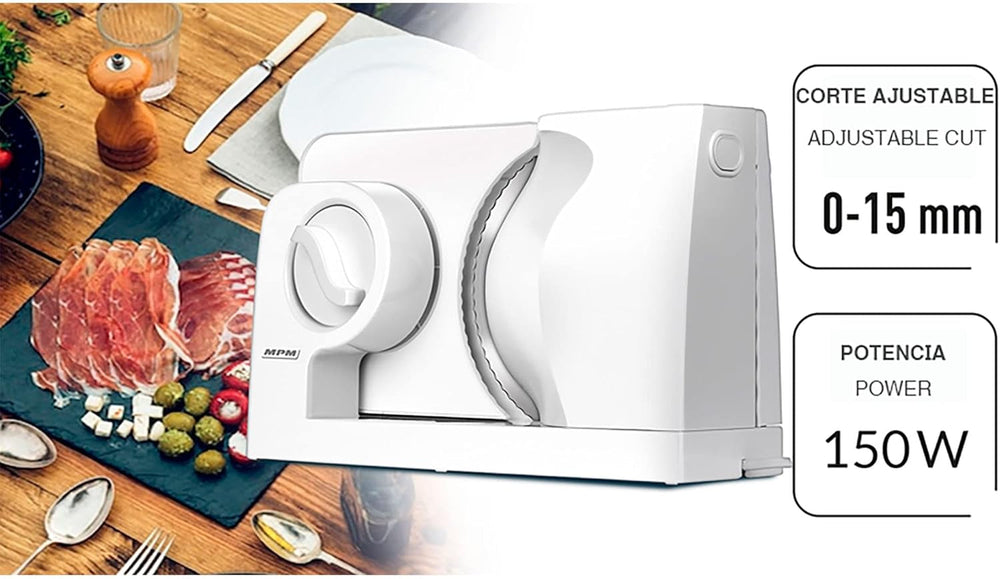 MPM MKR-05 Affettatrice elettrica universale, spessore di taglio regolabile fino a 15 mm, 150 W Trituratori e Affettatrici Naty Shop