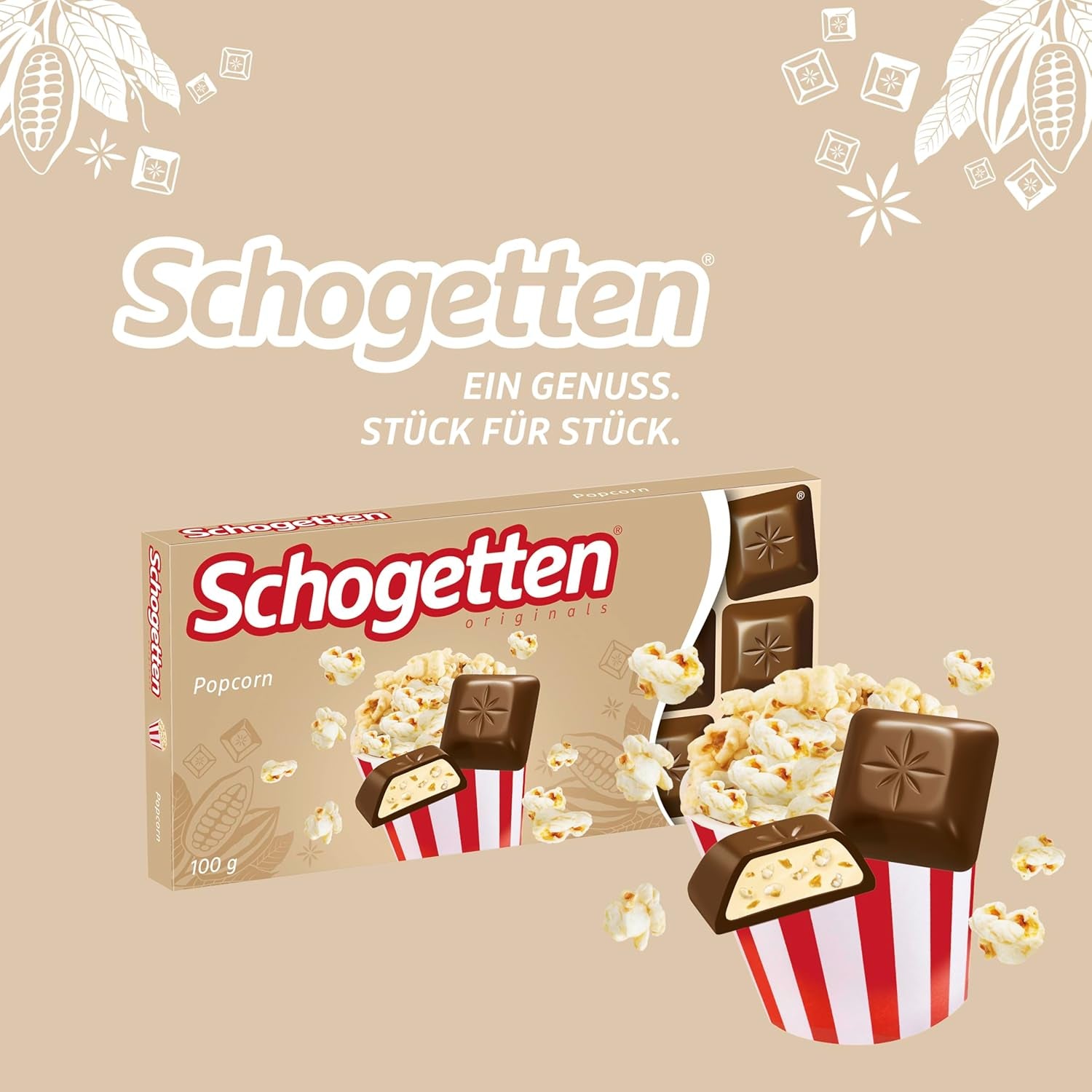 Schogetten Popcorn 1 tavoletta di cioccolato x 100 g, cioccolato al latte con popcorn e pezzi di mais, pratici pezzi singoli. Una prelibatezza. Pezzo per pezzo.