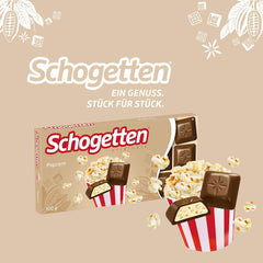 Schogetten Popcorn 1 tavoletta di cioccolato x 100 g, cioccolato al latte con popcorn e pezzi di mais, pratici pezzi singoli. Una prelibatezza. Pezzo per pezzo.