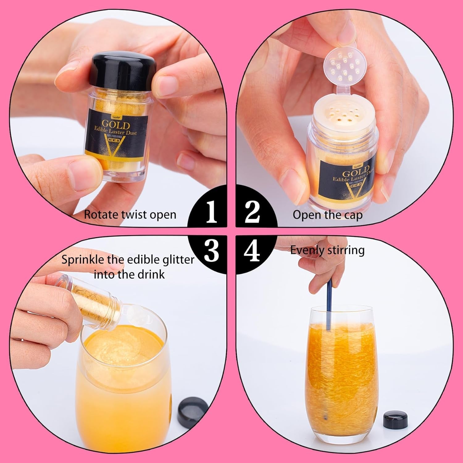 Sclipici comestibil - Pudră sclipici comestibilă în 4 culori, praf sclipici pentru băuturi, mâncare, prăjituri - Pudră colorantă alimentară metalică comestibilă pentru cocktailuri, vin - 5G / sticlă
