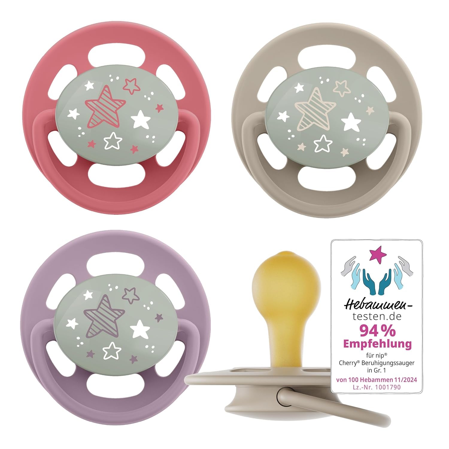 nip - Verde Cireș | 0-6 luni | Pachet de 4 | Suzetă pentru bebeluși, potrivită pentru alăptare și pentru dinți. Suzetă sustenabilă, fabricată din materii prime naturale, verde deschis/maro